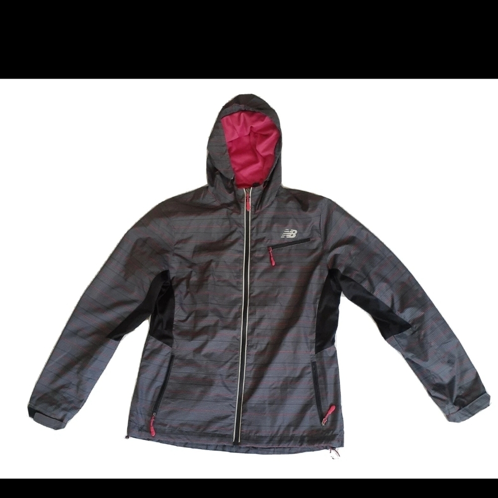 New Balance Women's Gray Hooded Striped Windbreaker Jacket Size Medium